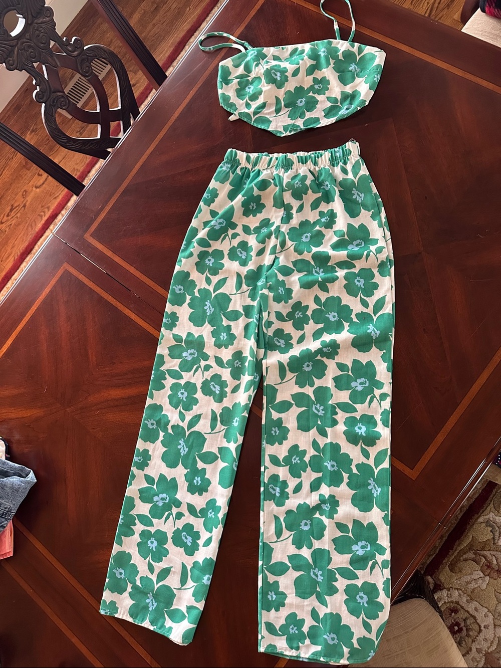 Blue Blush Green Floral Crop Top and Pants Set